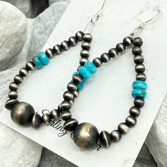 Sterling Silver Navajo Pearl Turquoise Dangle Earrings 2” Southwest Style - Picture 8 of 11